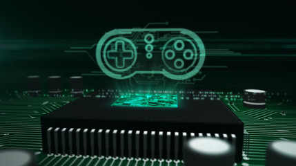 CPU on board with gamepad symbol hologram