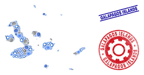Service vector Galapagos Islands map collage and seals. Abstract Galapagos Islands map is composed with gradiented randomized gear wheels. Engineering territory scheme in gray and blue colors,