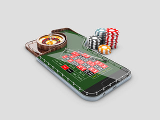 3d Illustration of realistic casino roulette table, on the phone screen. Casino online concept
