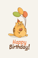 Cute fat cat in a party cap and balloon. Big cat with a bouquet of flowers. Happy birthday