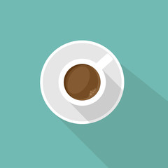white cup of coffee with shadow. top view isolated on blue. coffee break vector illustration. study, write, teach sign.