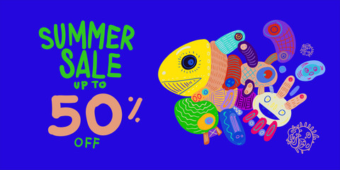 Fototapeta na wymiar Summer Sale 50% discount Colorful Banner Doodle illustration 