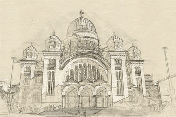 Sketch of St. Andrew's Cathedral in Patra, Peloponnes, Greece
