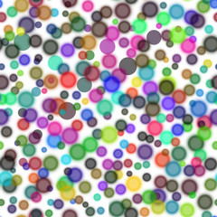 Seamless abstract pattern of circles of all colors of the rainbow. Randomly scattered colored elements of different sizes on a white background.