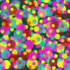 Seamless pattern from multicolored translucent circles. Yellow, pink, red, turquoise elements of different sizes randomly located on a dark green background.