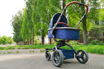 One pram baby in the park on a sunny day. Parent walking with carriage in city park