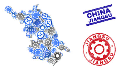 Repair workshop vector Jiangsu Province map mosaic and seals. Abstract Jiangsu Province map is done of gradient scattered gearwheels. Engineering geographic scheme in gray and blue colors,