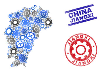 Industrial vector Jiangxi Province map mosaic and seals. Abstract Jiangxi Province map is done of gradient random gear wheels. Engineering territory scheme in gray and blue colors,