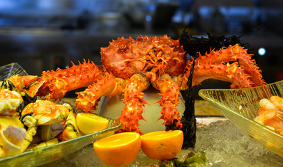 Seafood buffet line in hotel restaurant