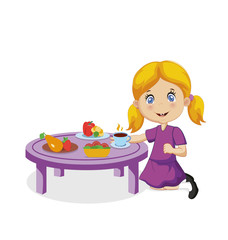 Funny Smiling Cartoon Little Girl Eating at Table