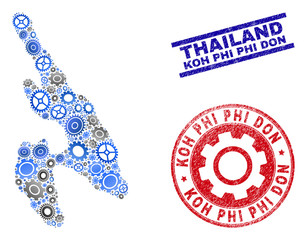Repair workshop vector Koh Phi Don map collage and seals. Abstract Koh Phi Don map is done of gradiented random cogs. Engineering territorial scheme in gray and blue colors,