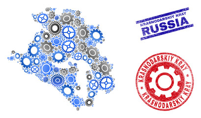 Wheel vector Krasnodarskiy Kray map collage and seals. Abstract Krasnodarskiy Kray map is designed with gradiented scattered cogwheels. Engineering territorial plan in gray and blue colors,