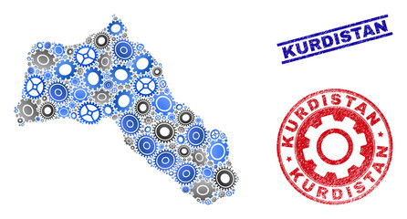 Wheel vector Kurdistan map mosaic and seals. Abstract Kurdistan map is designed with gradiented randomized gear wheels. Engineering territorial plan in gray and blue colors,