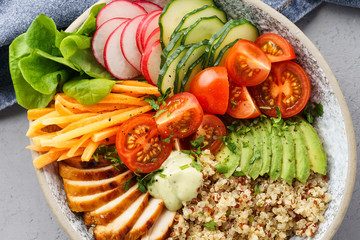 Healthy salad bowl with quinoa, grilled chicken and avocado.