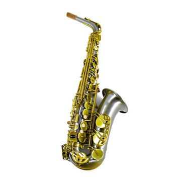 golden and silver saxophone isolated on white background