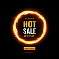 Template design with hot sale. Vector banner for special offer with realistic frame fire graphic. Advertising poster layout with flame border on black background.