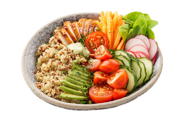 Healthy lunch bowl with grilled chicken, vegetables and quinoa.