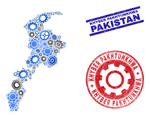 Wheel vector Khyber Pakhtunkhwa Province map collage and seals. Abstract Khyber Pakhtunkhwa Province map is constructed of gradient scattered gearwheels.