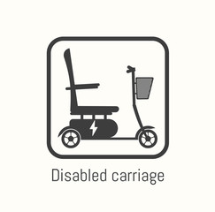 Design concept of electric wheelchair, disabled carriage icon. Can use for website and mobile website and application. Vector illustration. White background.