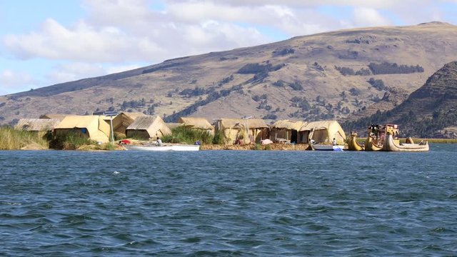 Views of the Uros Islands on Lake Titicaca from a Boat, Puno, Peru, South America