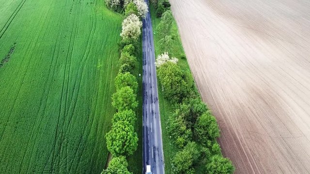 Aerial shot of a road with trees green and yellow fields on the sides cars passing by zala county hungary europe