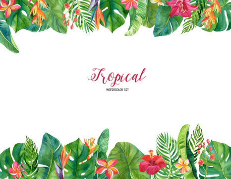 Pre-made card with tropical leaves and flowers. Ready border for invitations, cards, banners, weddings and other