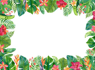 Pre-made card with tropical leaves and flowers. Ready border for invitations, cards, banners, weddings and other