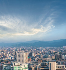 summer light sunset skyline. with a view of fukuoka downtown city cityscape, Fukuoka, Japan