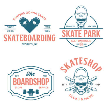 Skateboarding labels badges set. Skate shop logotypes. Design elements for posters, t-shirt prints, emblems.