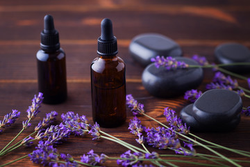 Herbal oil and lavender flowers - obrazy, fototapety, plakaty