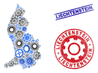 Service vector Liechtenstein map composition and stamps. Abstract Liechtenstein map is done of gradiented scattered gearwheels. Engineering geographic scheme in gray and blue colors,