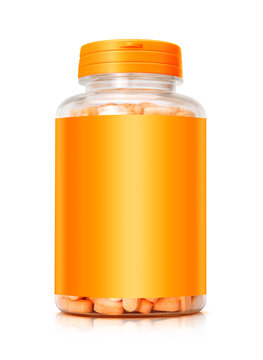 vitamin bottle with orange cap and blank label isolated on white background