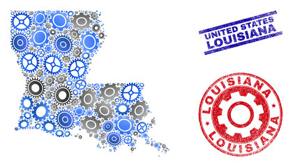 Industrial vector Louisiana State map collage and stamps. Abstract Louisiana State map is created from gradiented scattered cogwheels. Engineering territory scheme in gray and blue colors,
