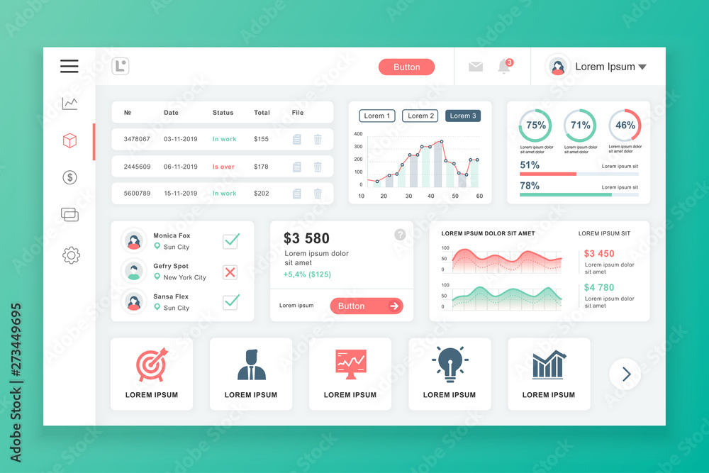 Fototapete Dashboard admin panel vector design template with infographic elements, chart, diagram, info graphics. Website dashboard for ui and ux design web page. Vector illustration.