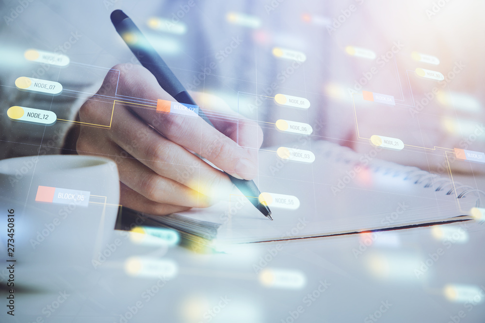Poster double exposure of writing hands on background with data solution hologram on front. technology conc