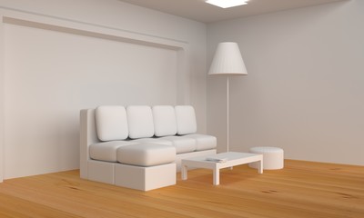 White room with sofa. Scandinavian interior design. 3D illustration