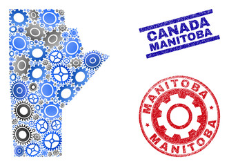Repair service vector Manitoba Province map composition and seals. Abstract Manitoba Province map is designed with gradient random gearwheels. Engineering territory plan in gray and blue colors,