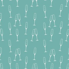 seamless pattern with champagne glasses. White simple ornament on blue background.