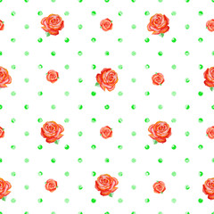 Seamless Polka Dot Texture with red roses of different size.