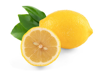 lemon fruit with half and leaf isolated on white background