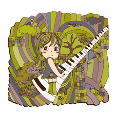 Girl on the piano. Anime, hand-drawn