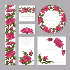 Floral summer templates with cute chrysanthemums and leaves. Stylized cards of chrysanthemums. For romantic design, announcements, greeting cards, posters, advertisement.