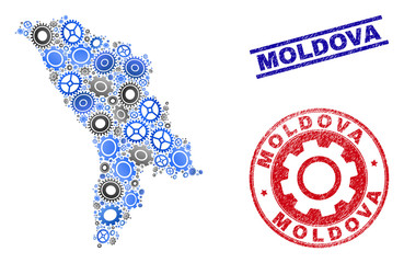 Wheel vector Moldova map collage and stamps. Abstract Moldova map is constructed of gradiented random gearwheels. Engineering geographic plan in gray and blue colors,