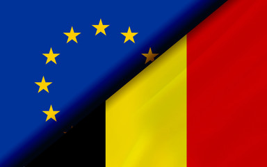 Flags of the EU and Belgium divided diagonally