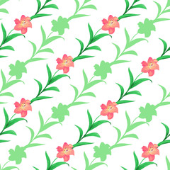Seamless pattern of pink lilies with green leaves intertwined on a white background.
