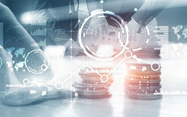 Creative digital abstract business interface background. Financial chart graph diagram and icon on virtual screen. Double exposure.