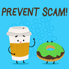 Handwriting text Prevent Scam. Conceptual photo Consumer protection fraudulent transactions Carry Out Paper Cup with Lid and Sleeve Beside Doughnut with Frosting on Top
