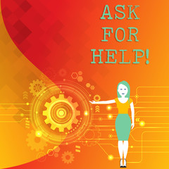 Word writing text Ask For Help. Business photo showcasing Use powers completely taking support from showing around you Woman Standing and Presenting the SEO Process with Cog Wheel Gear inside