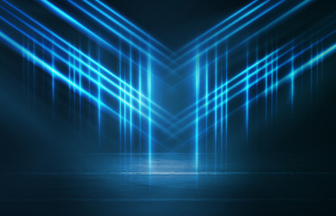 Empty background scene. Dark street reflection on the wet pavement. Rays  neon light in the dark, neon figures, smoke. Night view of the street, the city. Abstract dark background.