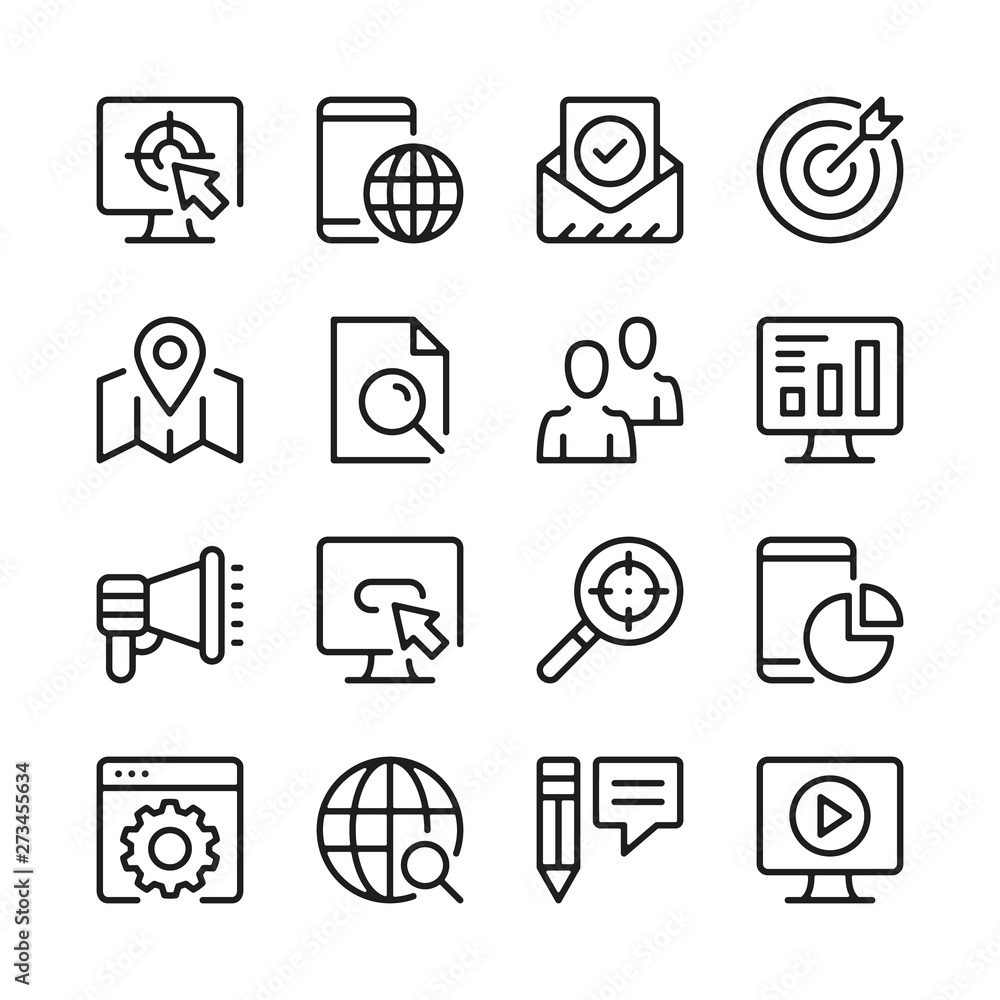 Poster seo line icons set. modern graphic design concepts, simple outline elements collection. vector line 